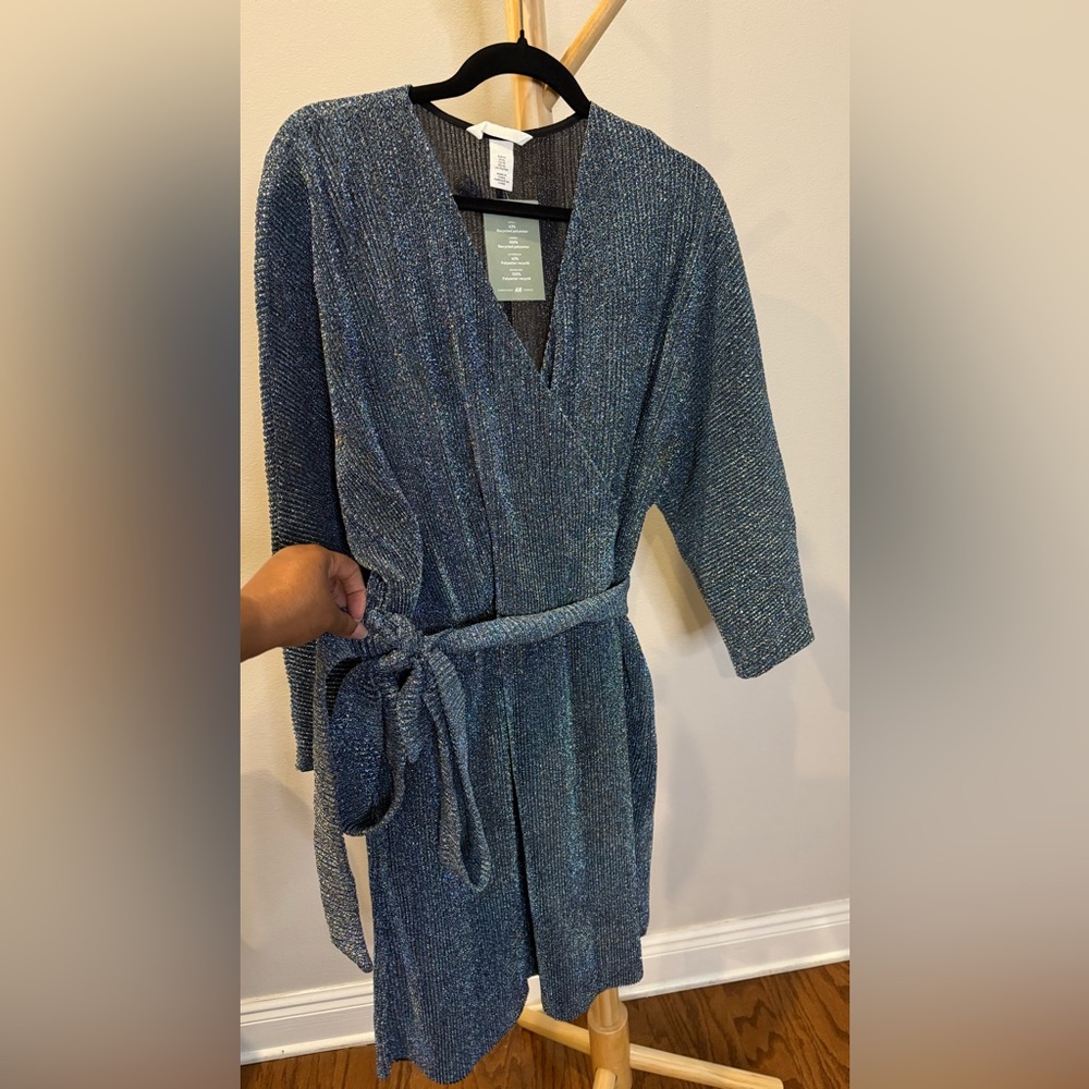 H&M Belted, Faux Wrap metallic stretchy dress NWT